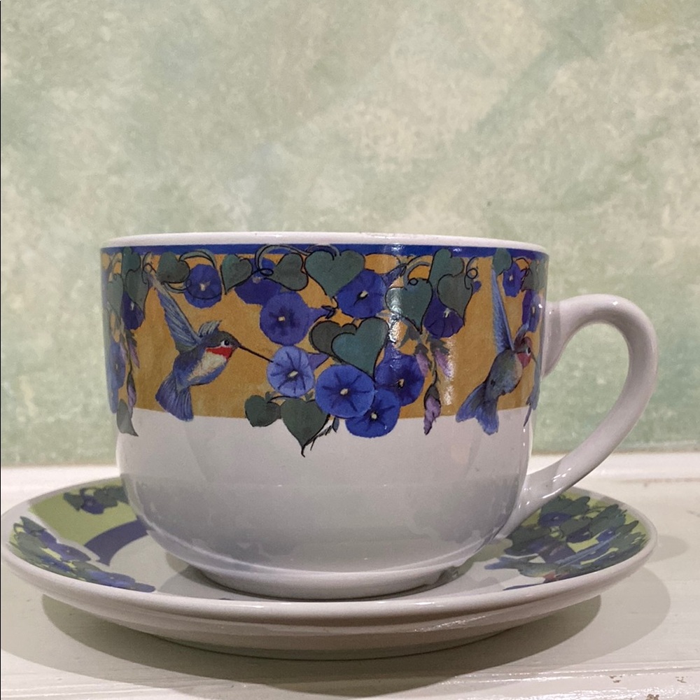 Jumbo breakfast cup & saucer set featuring a hummingbird & morning glory design.